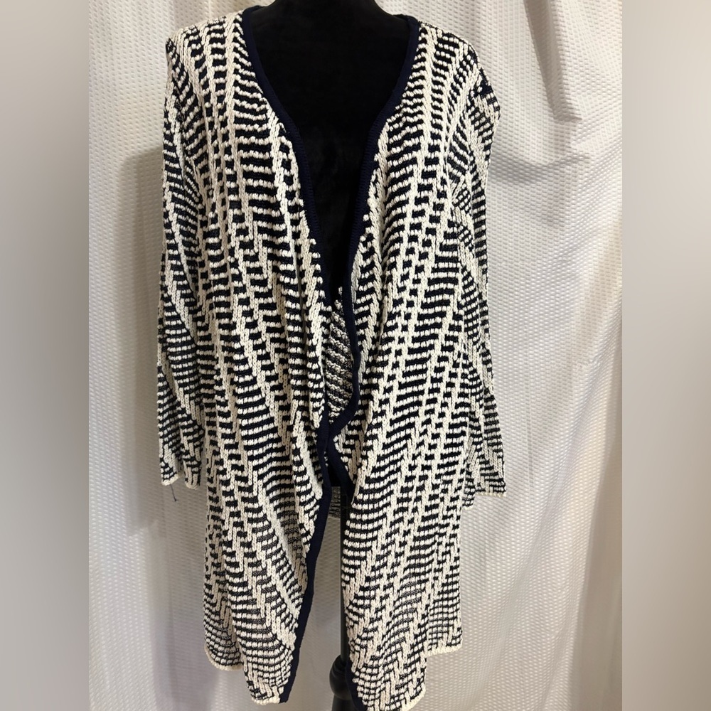 CJ Banks boho black white 3/4 sleeve cotton blend open front draped cardigan NWT